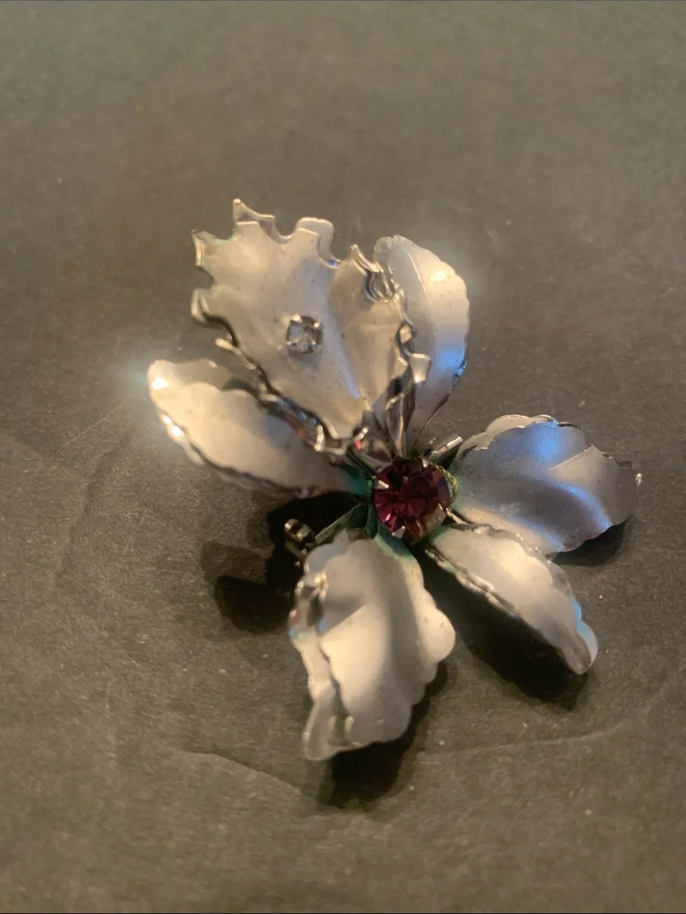 Bugbee & Niles Silver Orchid Brooch w/ matching screw back earrings purple cryst